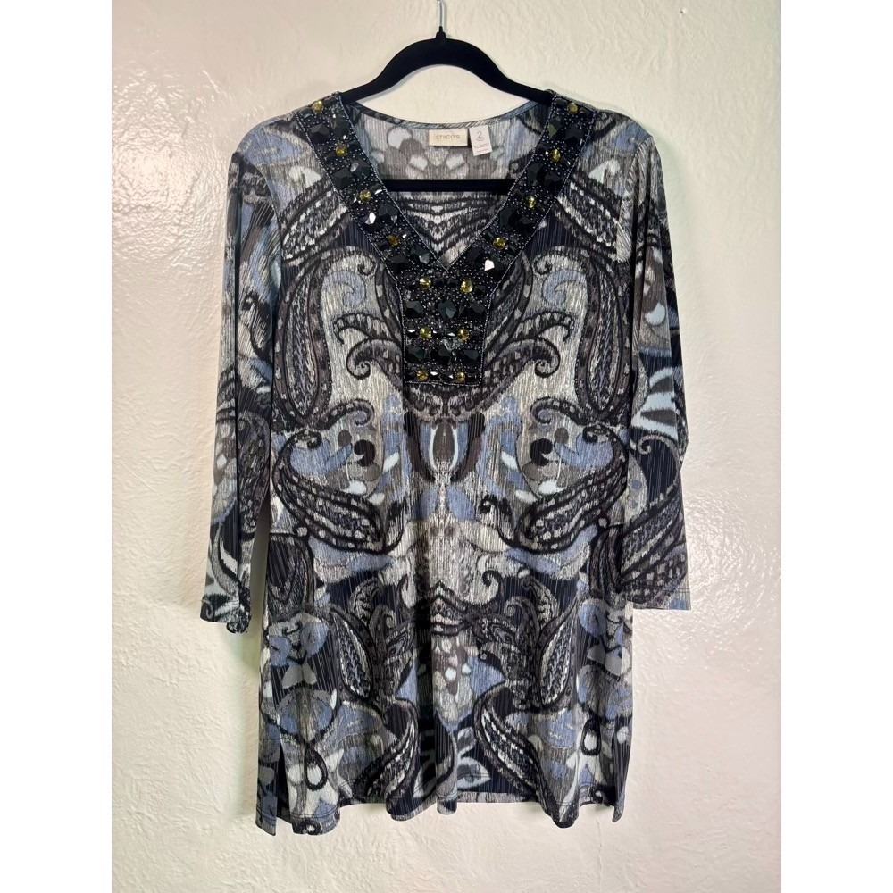 Chicos Tunic Top‎ Sz L Black Blue Beaded Neckline Paisley Cruise Resortwear Art